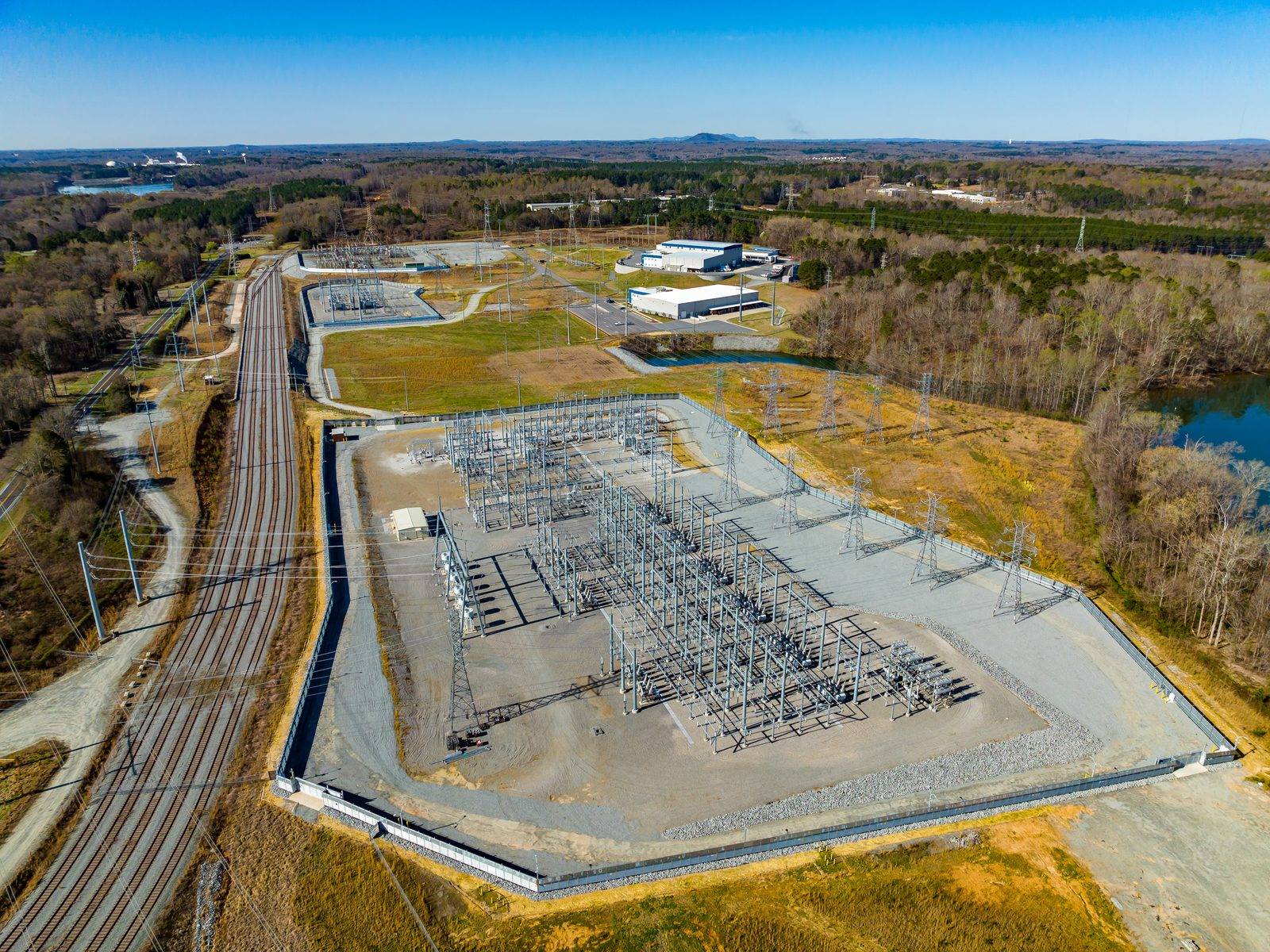 Aerial view of a completed electric substation