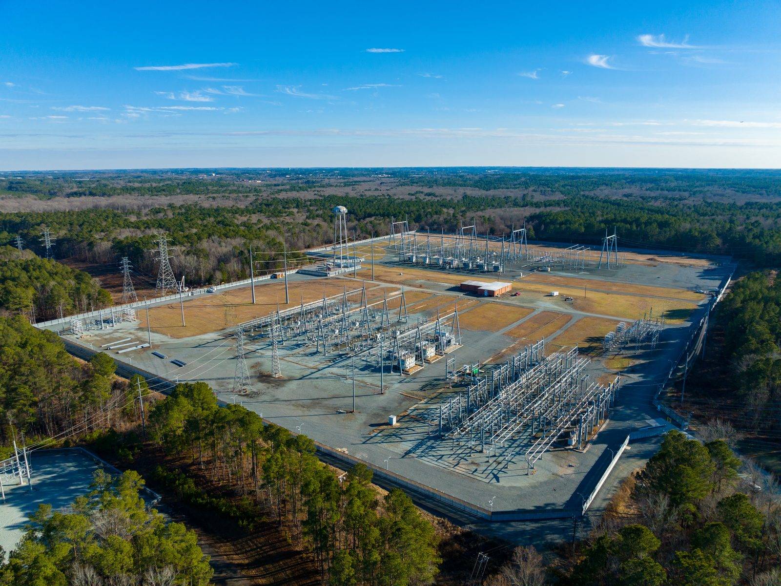 Aerial view of a completed electric substation