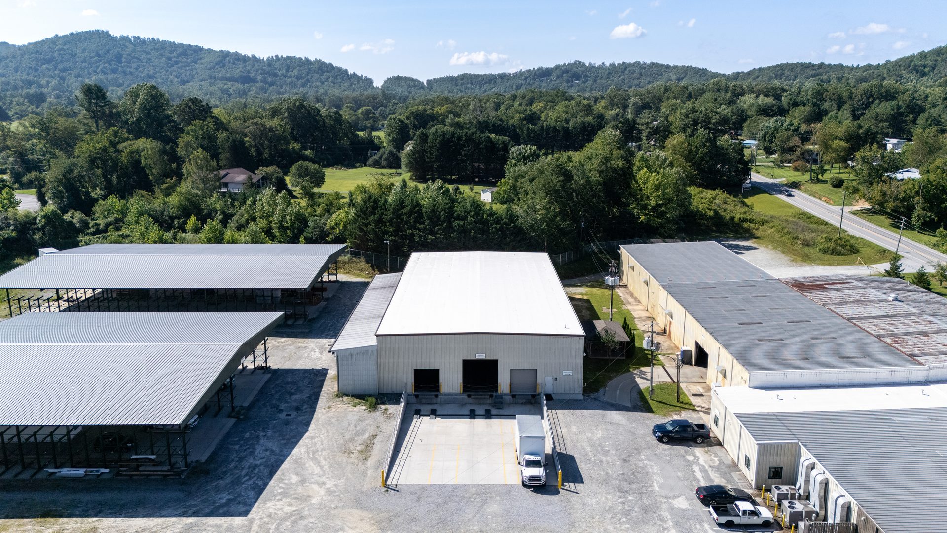 Aerial view of the GBS Fletcher warehouse and loading dock with mountains behind