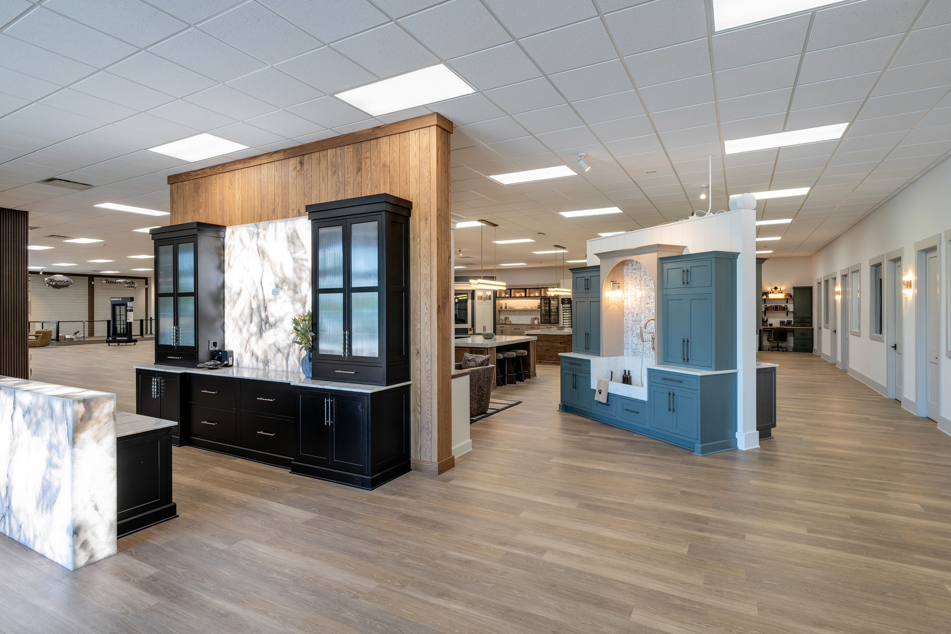 Renovated GBS Fletcher retail showroom with cabinetry and kitchen design displays