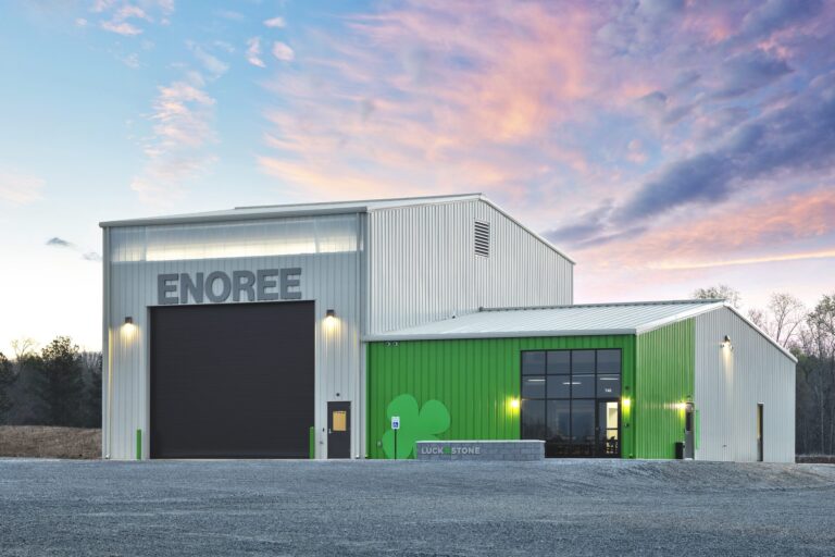 Luck Stone operations facility in Enoree, SC at dusk with shop bay and office entrance