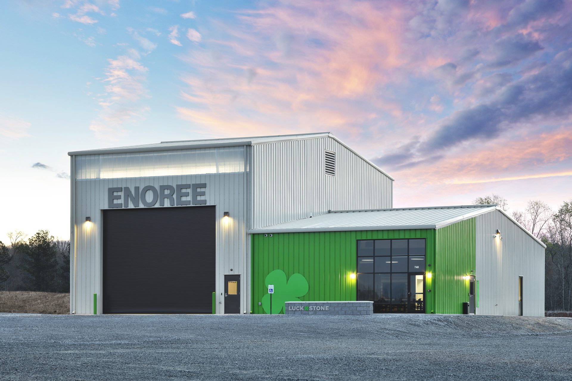 Luck Stone operations facility in Enoree, SC at dusk with shop bay and office entrance