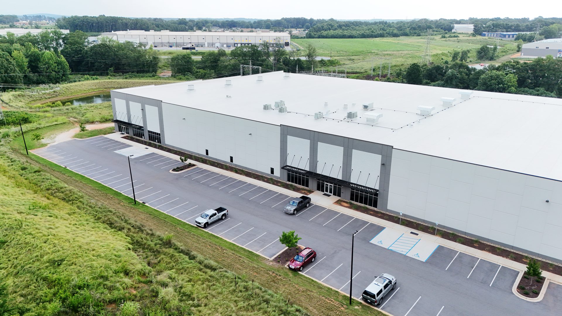 Aerial view of the MECART manufacturing and office facility entrance in Greenville, SC